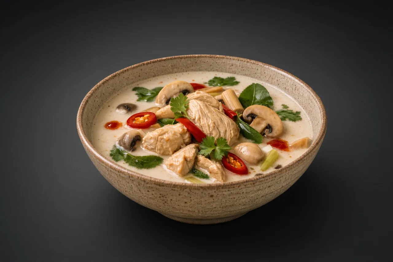 Тайский пряный суп на кокосовом молоке с курицей.