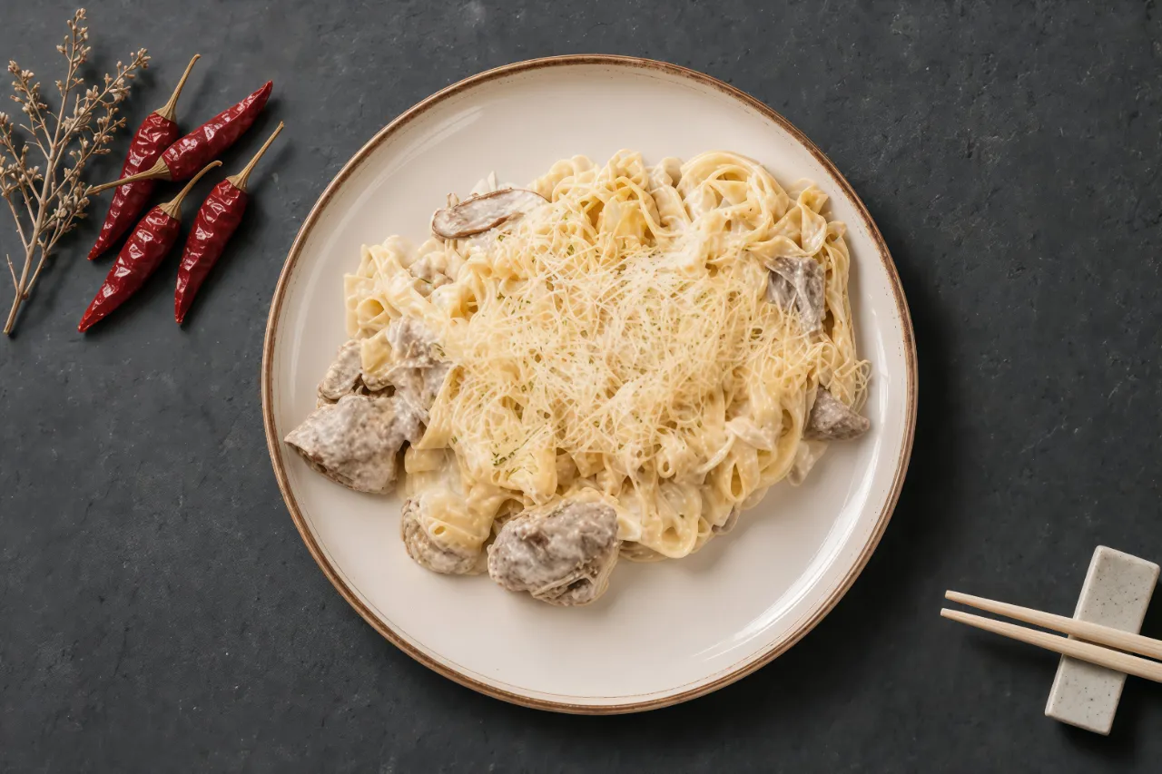 Паста с курицей и грибами в сливочном соусе