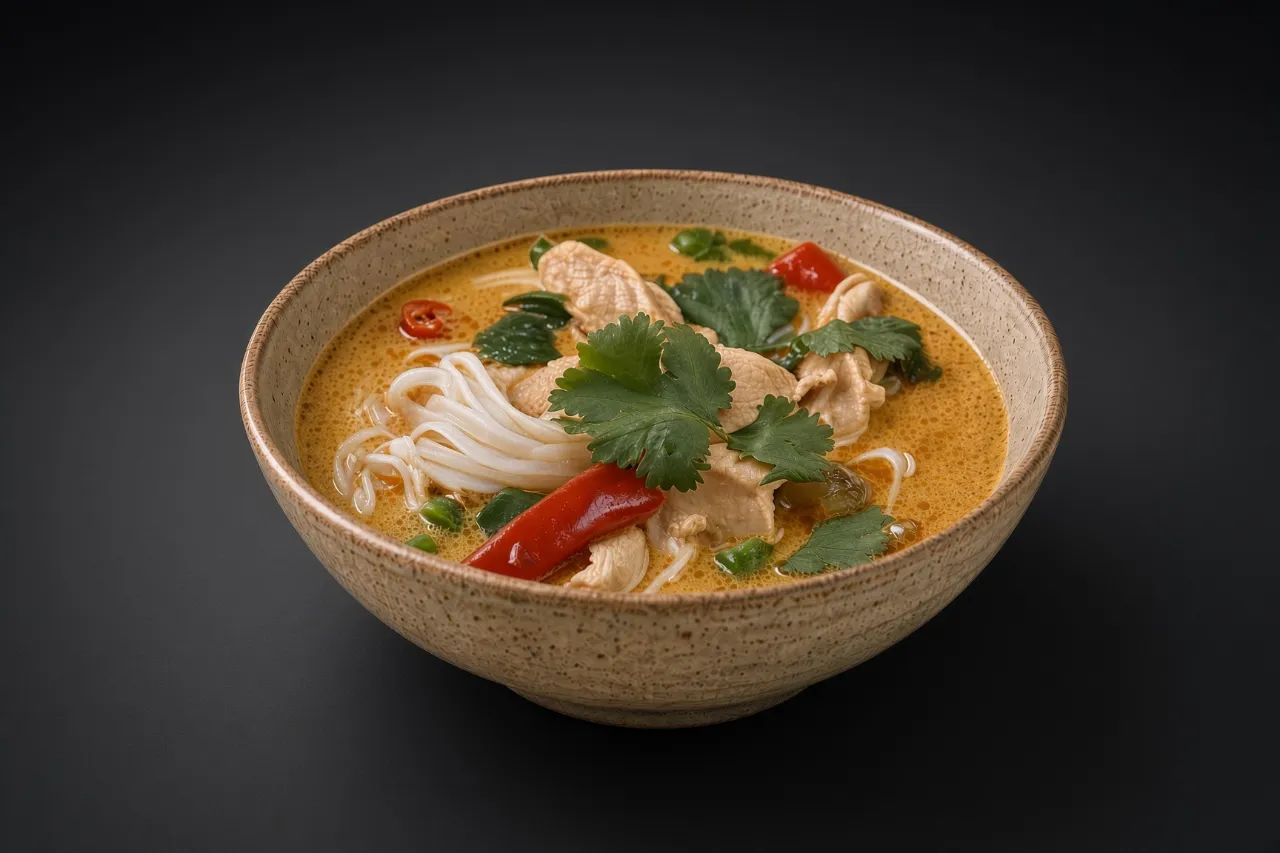 Тайский пряный суп на кокосовом молоке с курицей.