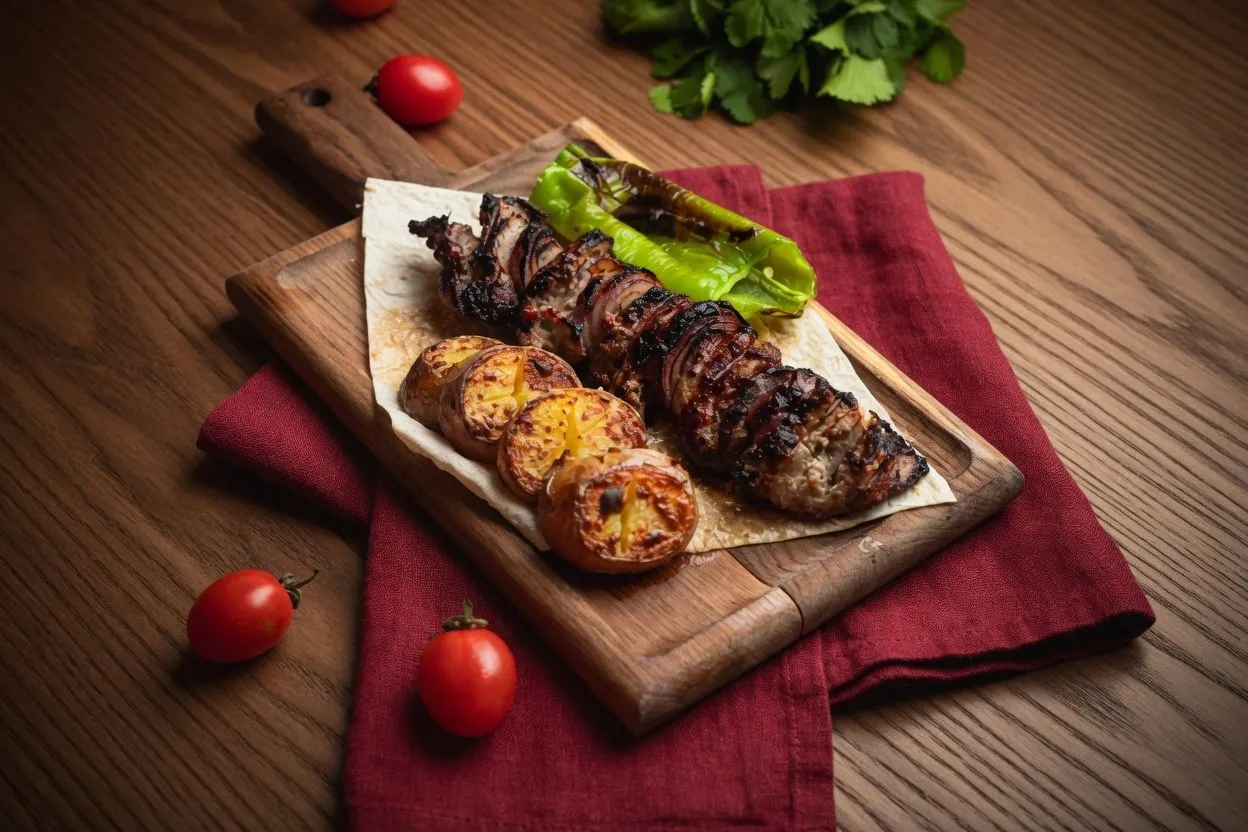 Шашлык из говядины с овощами и авторским соусом