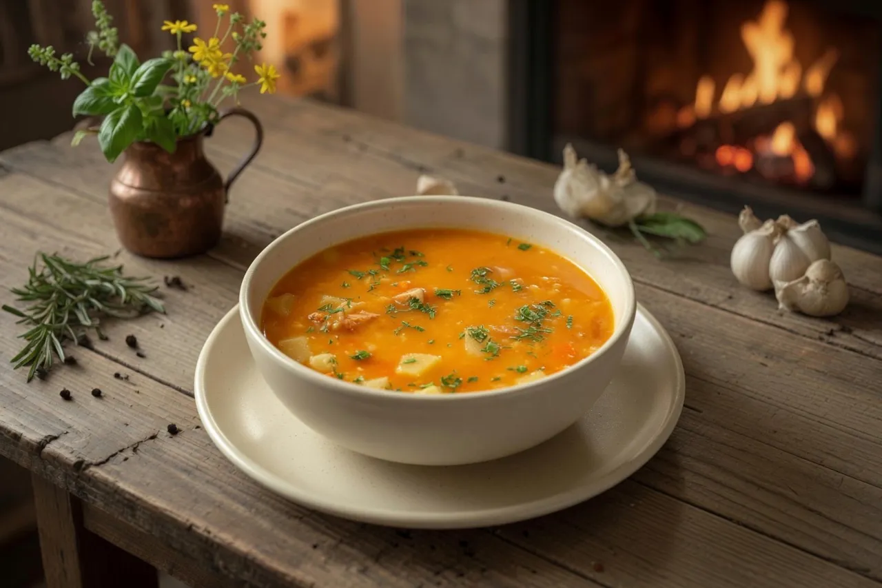 Суп гороховый с копченой курицей и сухариками