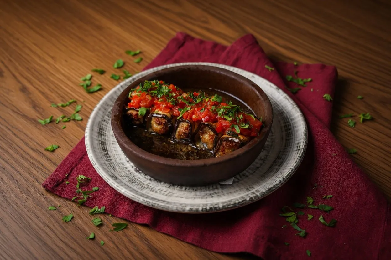 Рулетики из баклажан с мясной начинкой (из курицы, тушеные в помидорном соусе)
