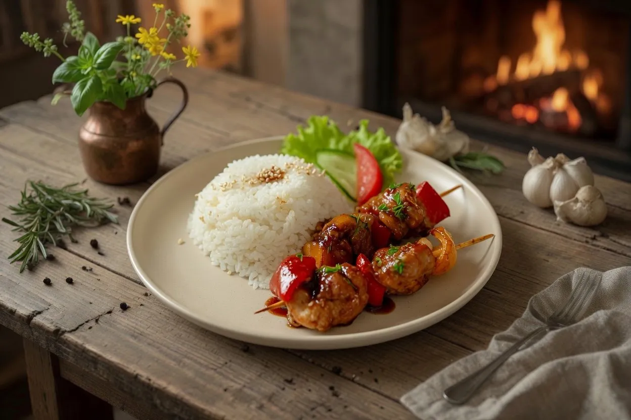 Шашлычки из курицы с овощами и рисом